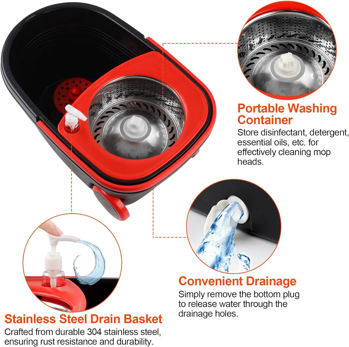 Spin Mop and Bucket with Wringer Set, 360° Rotating Mop Bucket System with 3 Microfiber Mop, Stainless Steel Floor Cleaning System B233