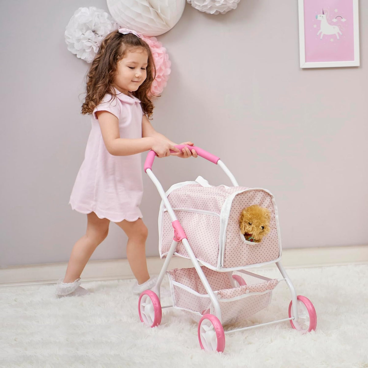 Pink/Gray Doll Stroller with Detachable Pet Carrier V61244