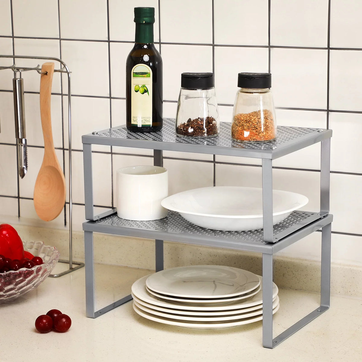 Silver Set of 2 Cabinet Shelf Organizer H54527