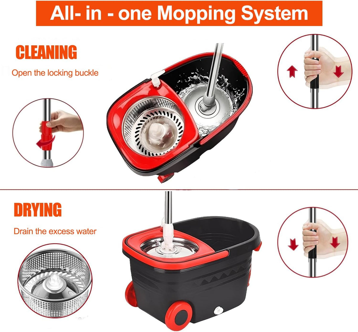 Spin Mop and Bucket with Wringer Set, 360° Rotating Mop Bucket System with 3 Microfiber Mop, Stainless Steel Floor Cleaning System B233