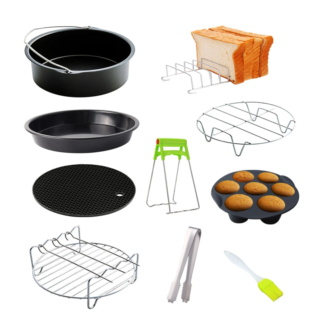 10Pcs Air Fryer Accessory Kit Frying Baking Pan Rack Pizza Tray Metal Holder Bread Bracket Cupcake Mould Set C18598