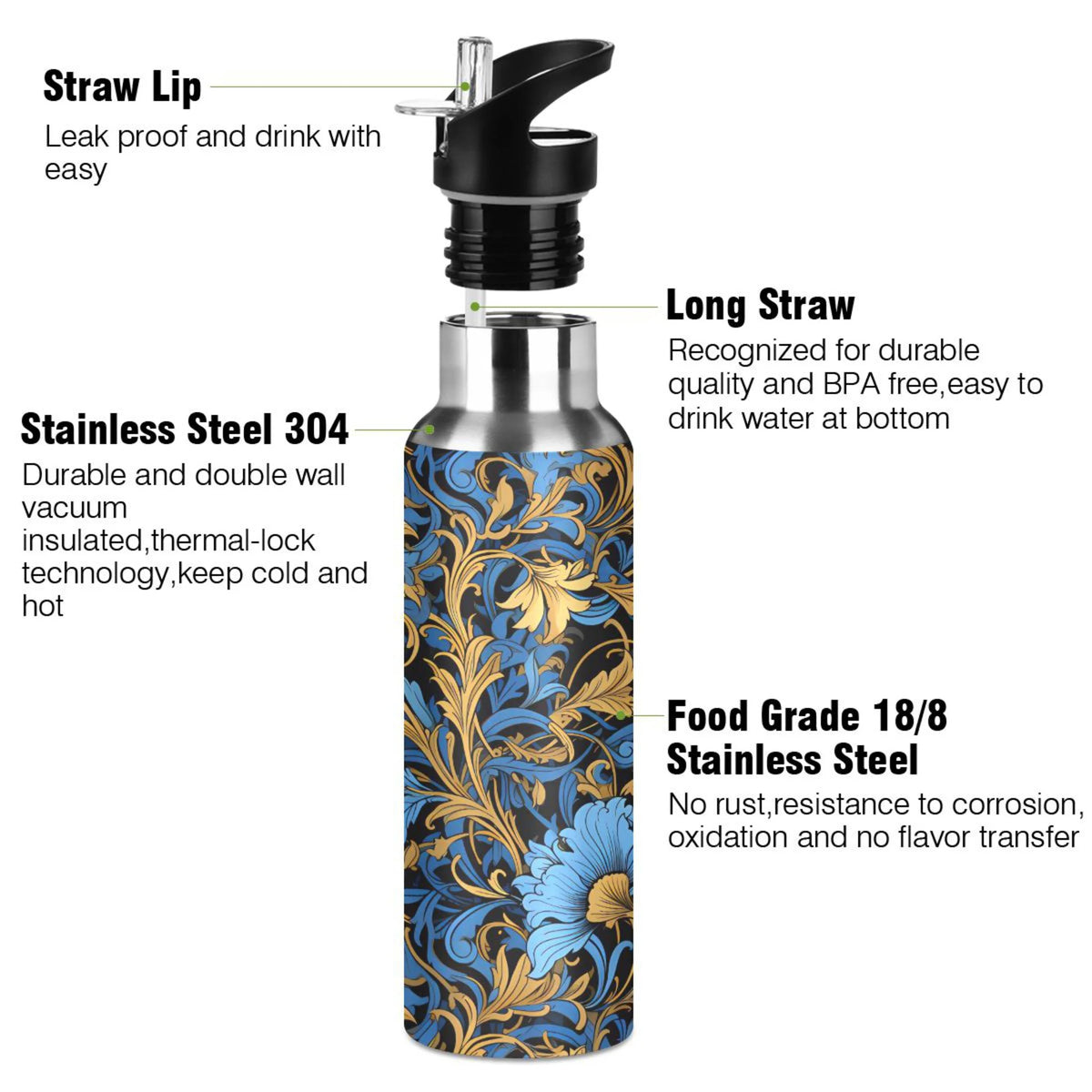 Blue Flowers Stainless Steel Insulated Water Bottle with Straw Lid K728