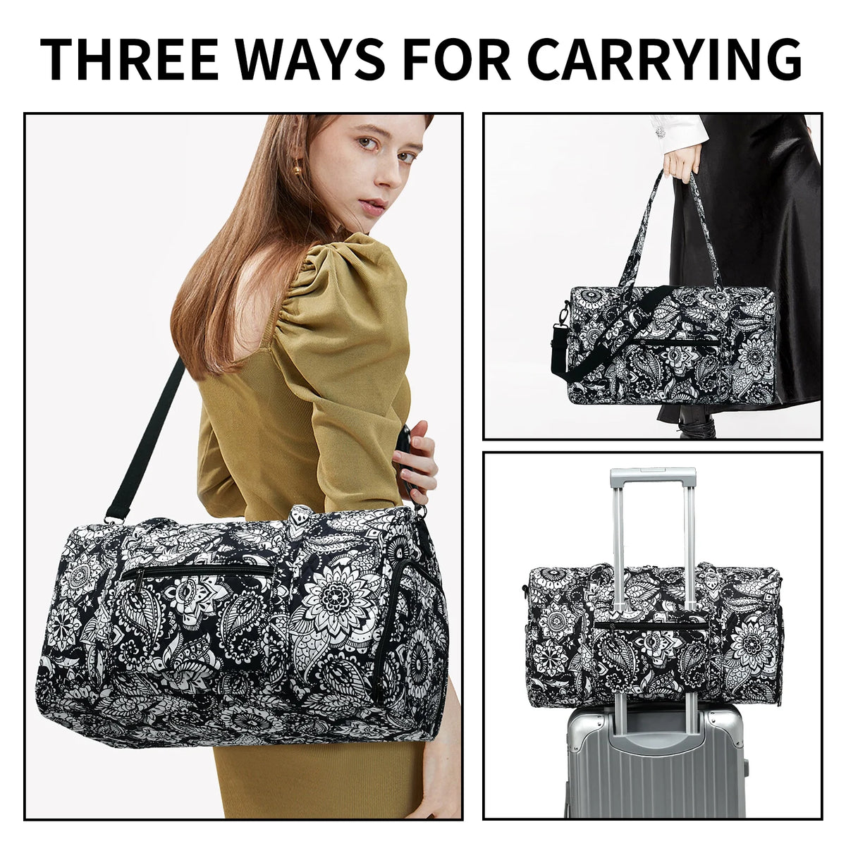 Women Travel Duffle Bag with Shoes Compartment Black White 20 Inch K26642