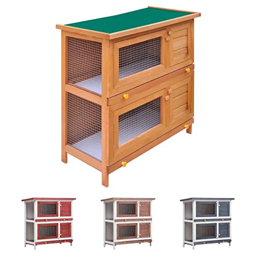 Gray Wood Pet Rabbit Hutch with Mesh Door and Green Roof C3621