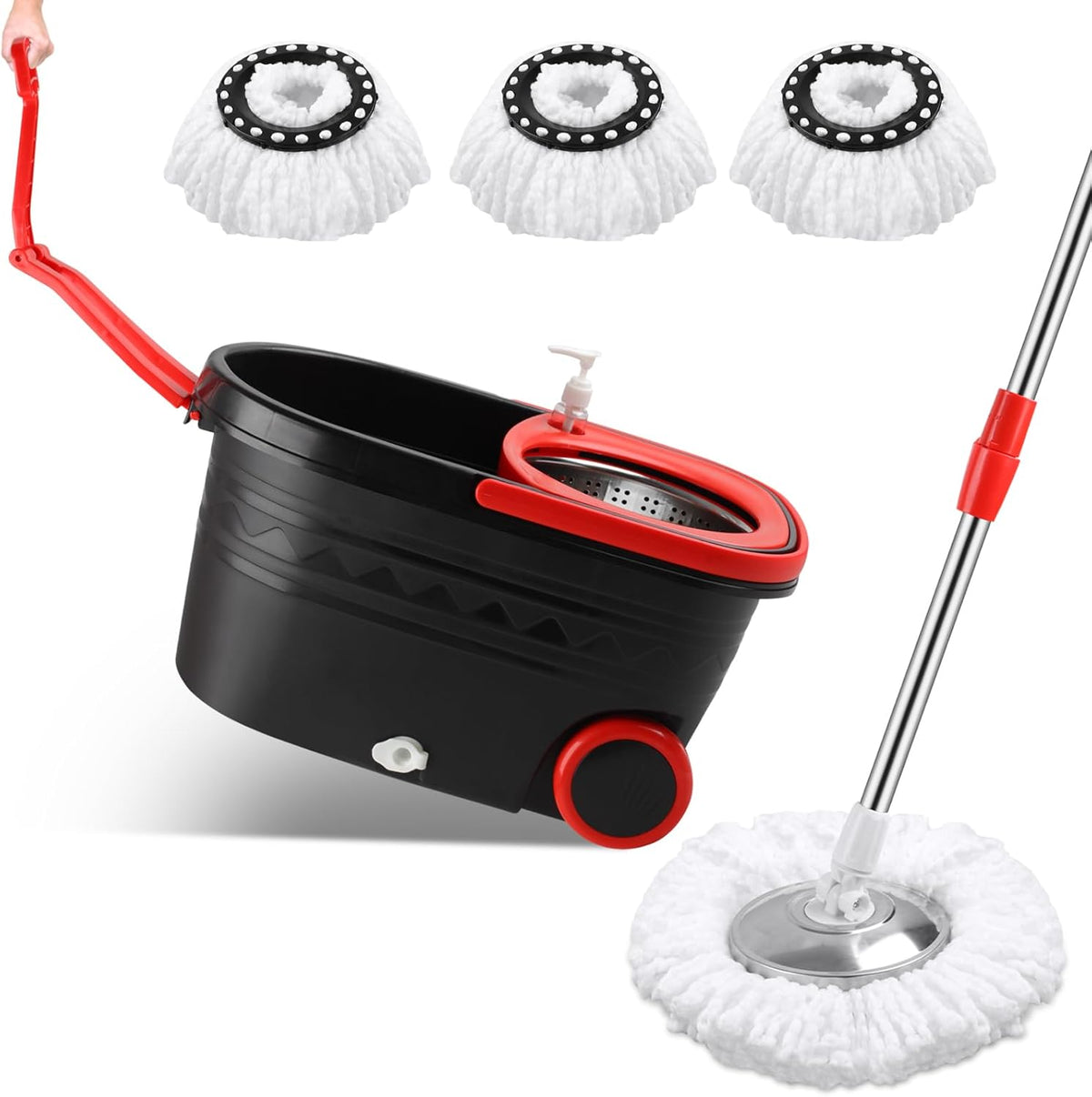 Spin Mop and Bucket with Wringer Set, 360° Rotating Mop Bucket System with 3 Microfiber Mop, Stainless Steel Floor Cleaning System B233