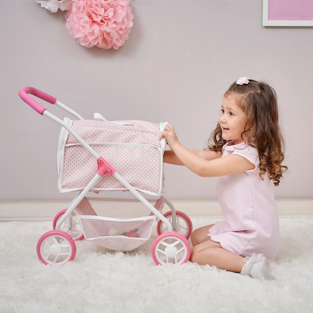 Pink/Gray Doll Stroller with Detachable Pet Carrier V61244