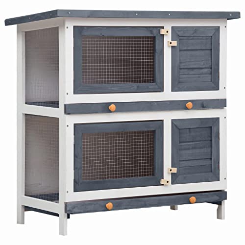 Gray Wood Pet Rabbit Hutch with Mesh Door and Green Roof C3621