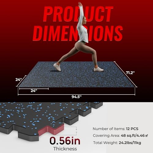 0.56'' Thick 24 Pcs 96 Sq Ft Rubber Top Exercise Equipment Mats, Black H87537