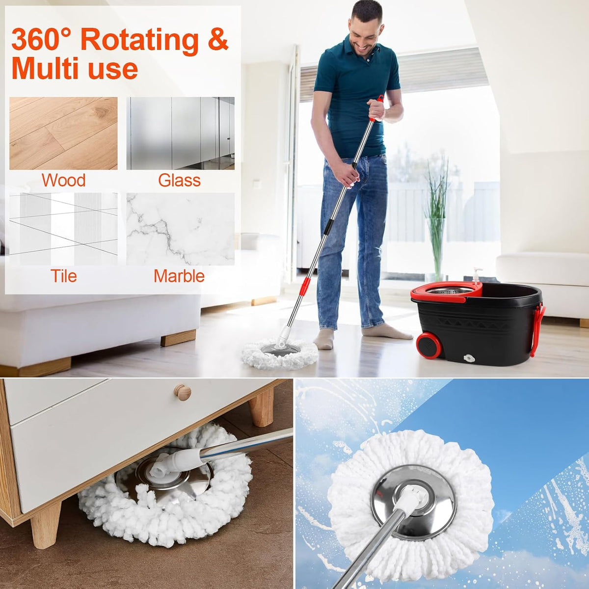 Spin Mop and Bucket with Wringer Set, 360° Rotating Mop Bucket System with 3 Microfiber Mop, Stainless Steel Floor Cleaning System B233