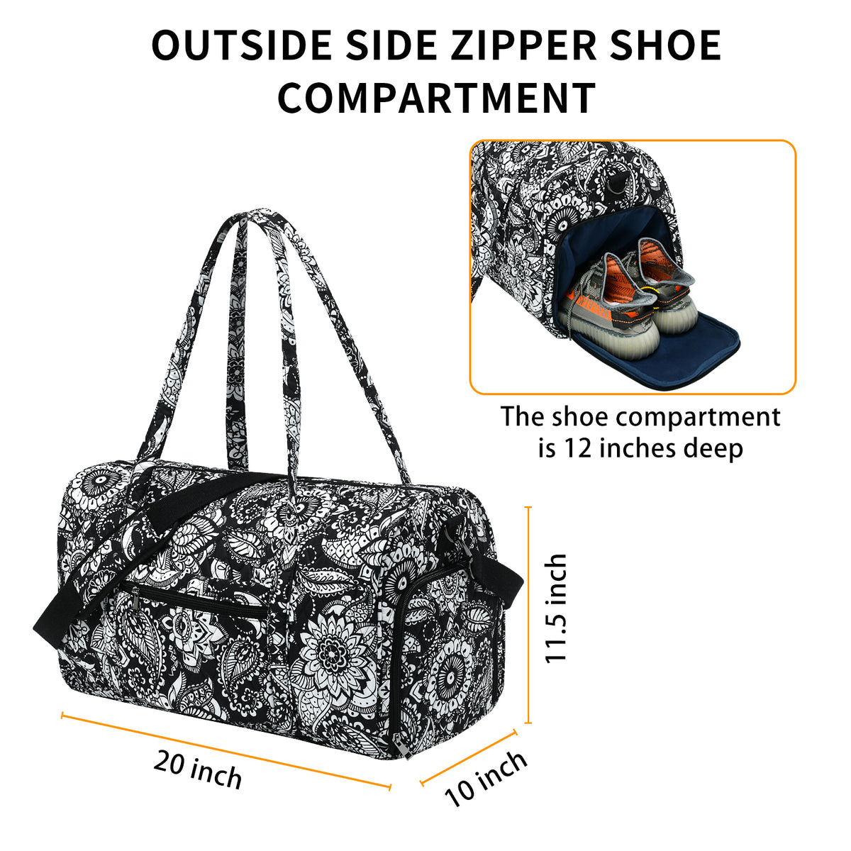 Women Travel Duffle Bag with Shoes Compartment Black White 20 Inch K26642
